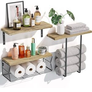 Wall Mounted Wooden Shelves with Black Metal Brackets